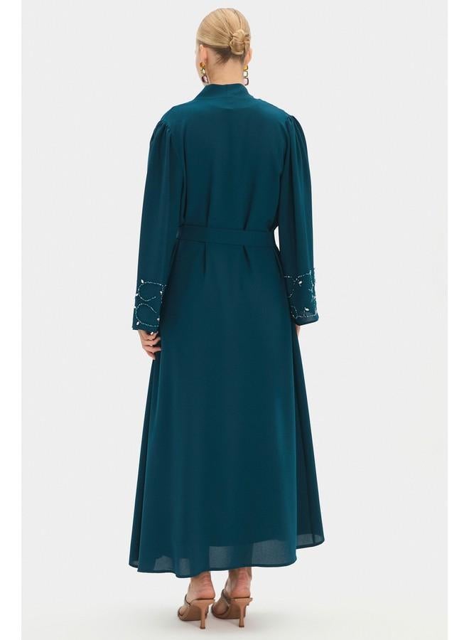 JUNE Women Sleeve Embroidered and Waist Tie Detailed Abaya Teal - Image 4