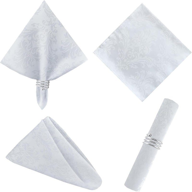 SASTYBALE White Jacquard Square Napkin Damask Wrinkle Resistant Soft Polyester Napkins Fabric Cloth Dinner Napkins for Wedding Winter Holiday Xmas Parties Set of 4 White 20X20 Napkin - Image 1