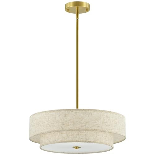 VONLUCE Modern Chandeliers, 18" Drum Chandeliers with 2-Layer Fabric Shade, 4-Light Pendant Light Fixture with E26 Bases, Light Fixture for Dining Room Bedroom Living Room, Linen Shade & Brass Finish - Image 1