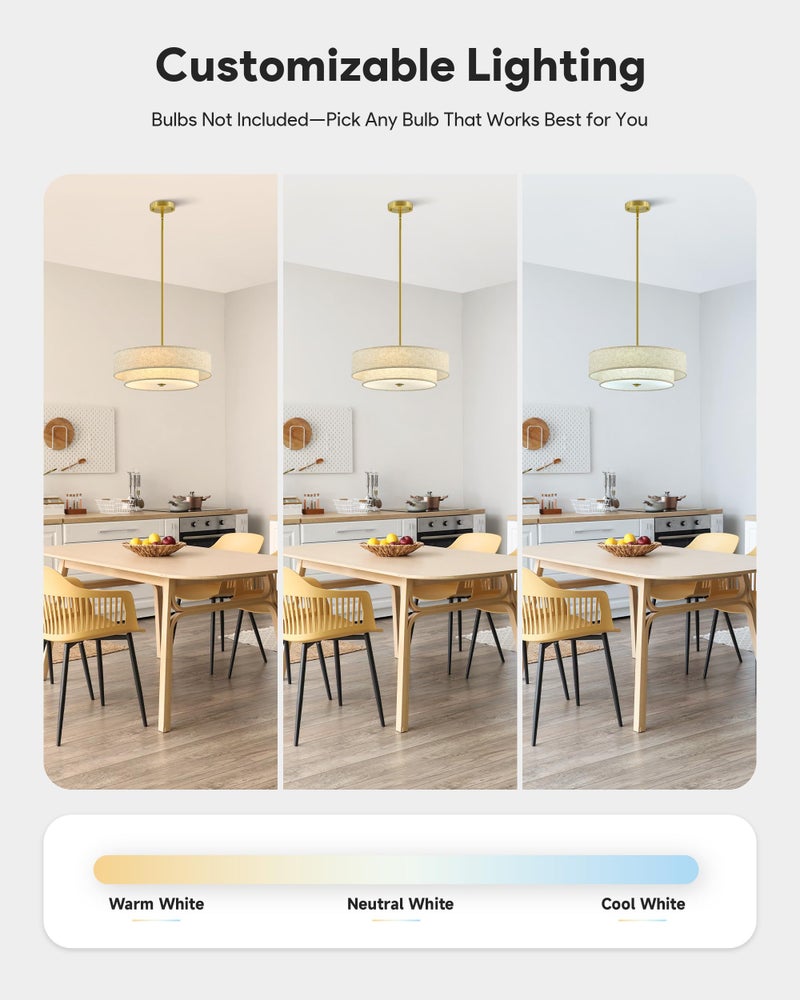 VONLUCE Modern Chandeliers, 18" Drum Chandeliers with 2-Layer Fabric Shade, 4-Light Pendant Light Fixture with E26 Bases, Light Fixture for Dining Room Bedroom Living Room, Linen Shade & Brass Finish - Image 2