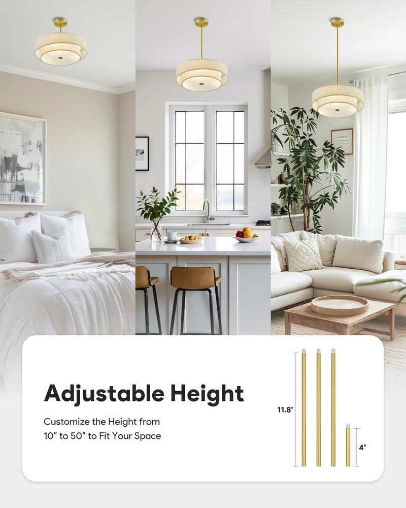 VONLUCE Modern Chandeliers, 18" Drum Chandeliers with 2-Layer Fabric Shade, 4-Light Pendant Light Fixture with E26 Bases, Light Fixture for Dining Room Bedroom Living Room, Linen Shade & Brass Finish - Image 3