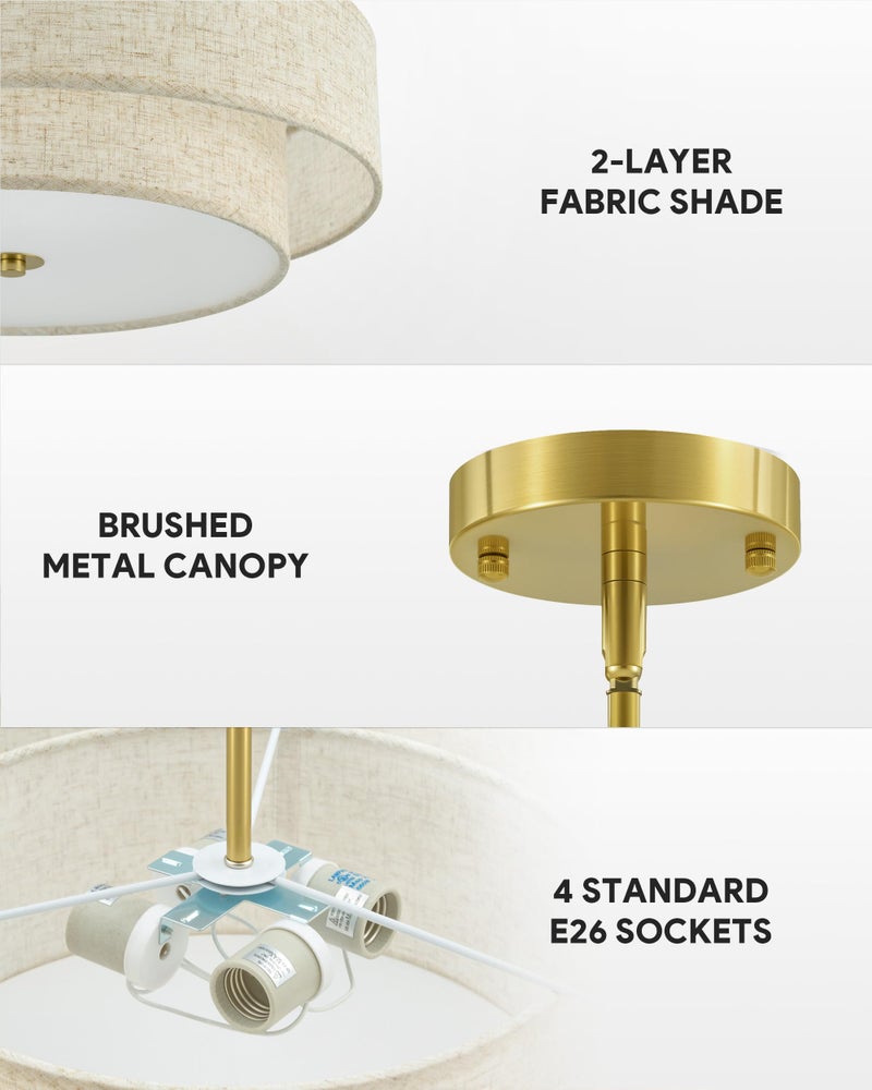VONLUCE Modern Chandeliers, 18" Drum Chandeliers with 2-Layer Fabric Shade, 4-Light Pendant Light Fixture with E26 Bases, Light Fixture for Dining Room Bedroom Living Room, Linen Shade & Brass Finish - Image 5