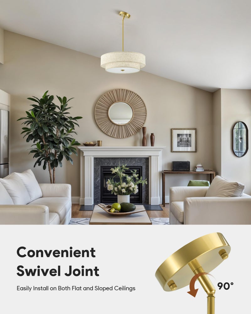 VONLUCE Modern Chandeliers, 18" Drum Chandeliers with 2-Layer Fabric Shade, 4-Light Pendant Light Fixture with E26 Bases, Light Fixture for Dining Room Bedroom Living Room, Linen Shade & Brass Finish - Image 4