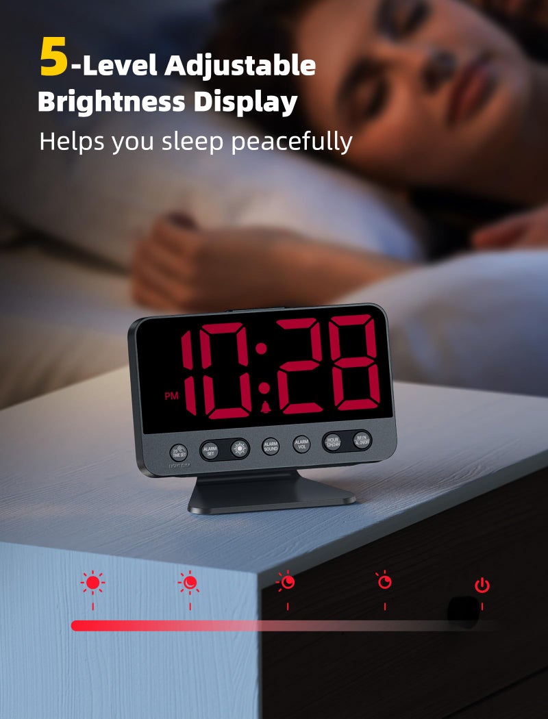 Odokee Digital Alarm Clocks for Bedrooms: Large Bold Number 5 Brightness Dimmer - Easy to Read Across The Room - 5 Alarm Sound 8 Night Light - Red - Image 4