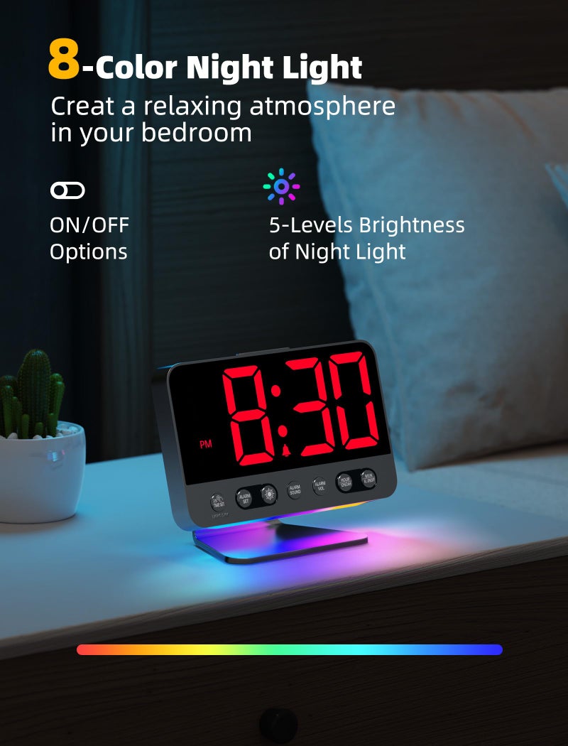 Odokee Digital Alarm Clocks for Bedrooms: Large Bold Number 5 Brightness Dimmer - Easy to Read Across The Room - 5 Alarm Sound 8 Night Light - Red - Image 5