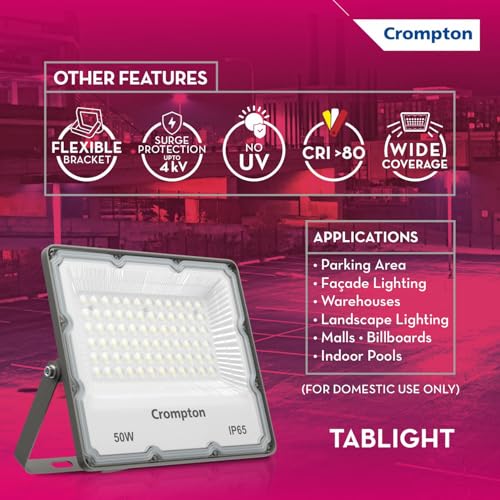 Crompton TabLight | Outdoor Waterproof LED Flood Lights | 50W | IP 65 | Warm White | Pack of 1 | Wide Beam Angle | BIS Approved | for Garage, Parking, Shops & Outdoor Lighting (2 Years Waranty) - Image 3