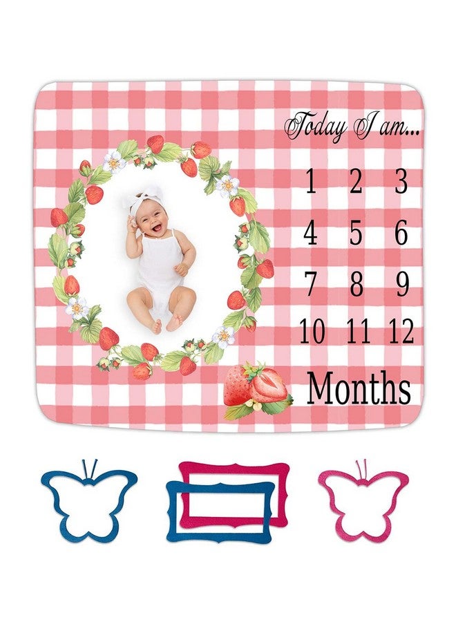 FHZON Strawberry Wreath Milestone Blanket Pink Plaid Baby Blanket Plant Personalized Swaddling Blanket Outdoor Crawling Mat 48x48in BTMYFH84 - Image 1