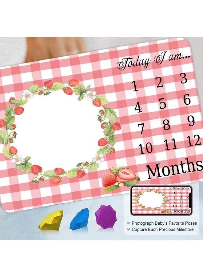 FHZON Strawberry Wreath Milestone Blanket Pink Plaid Baby Blanket Plant Personalized Swaddling Blanket Outdoor Crawling Mat 48x48in BTMYFH84 - Image 2