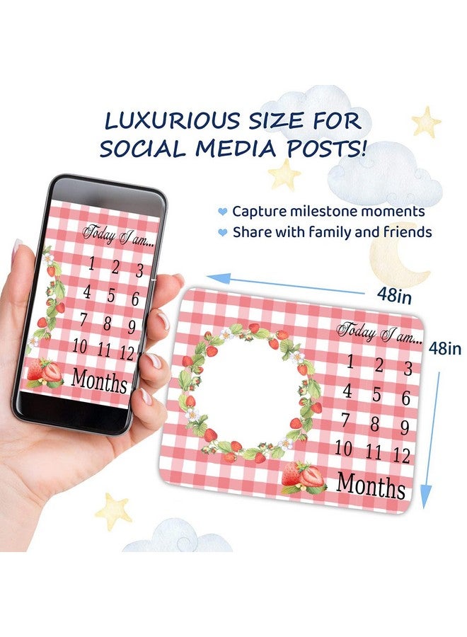 FHZON Strawberry Wreath Milestone Blanket Pink Plaid Baby Blanket Plant Personalized Swaddling Blanket Outdoor Crawling Mat 48x48in BTMYFH84 - Image 3