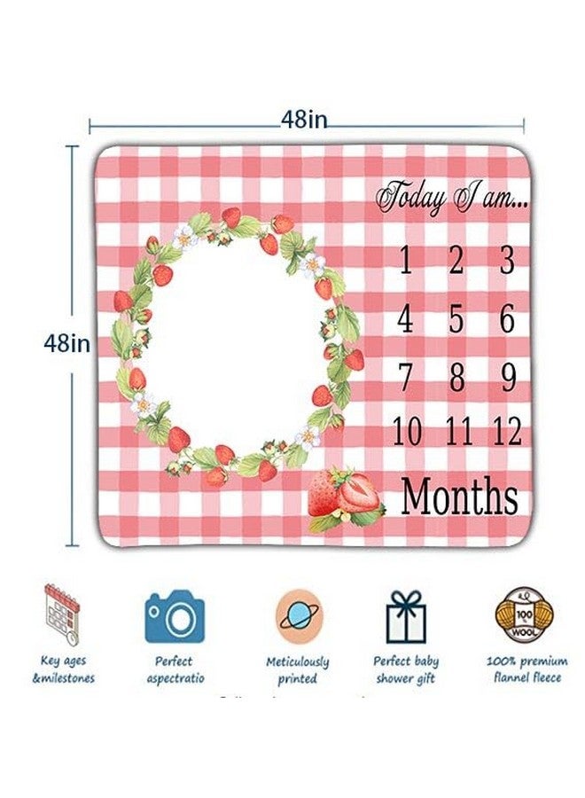 FHZON Strawberry Wreath Milestone Blanket Pink Plaid Baby Blanket Plant Personalized Swaddling Blanket Outdoor Crawling Mat 48x48in BTMYFH84 - Image 4