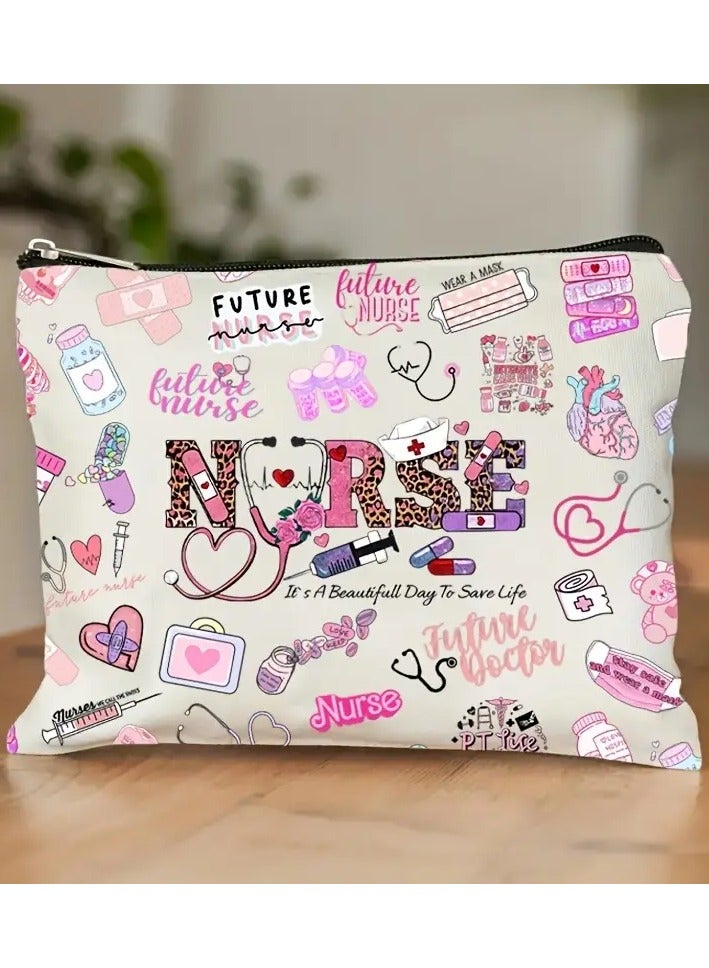 Rozino Cartoon Nurse Pattern Storage Pouch, Lightweight Versatile Carry On Bag, Gift Bag For International Nurses Day, Nurse Gift, Nurse Graduation Gift, Gifts For Women, Holiday Gifts - Image 1