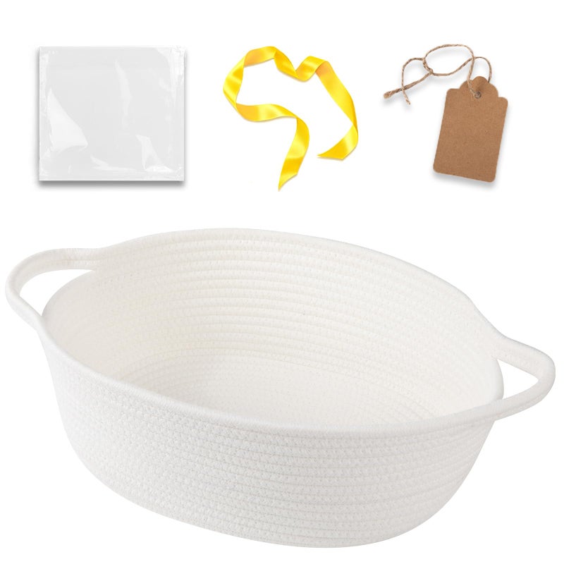 OIAHOMY Small Woven Basket with Gift Bags, Ribbons & DIY Label Card, Baskets for Gifts Empty, Small Rope Basket 12 * 8 * 5IN, Cute Decorative baskets with Handles for Baby Pets, Toys, White - Image 1