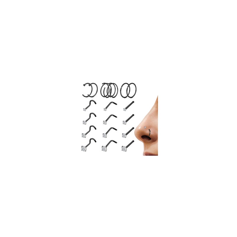 LOYALLOOK 18Pcs Nose Rings Studs - 316L Surgical Steel Black Nose Studs Double Hoop Nose Ring for Women Men 20G Black Nose Rings Stud Hypoallergenic Nose/Body Piercing Jewelry 1.5mm 2mm 2.5mm 3mm CZ - Image 1