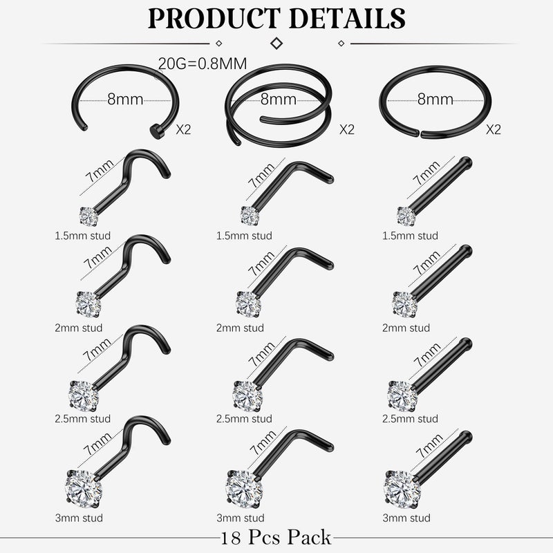 LOYALLOOK 18Pcs Nose Rings Studs - 316L Surgical Steel Black Nose Studs Double Hoop Nose Ring for Women Men 20G Black Nose Rings Stud Hypoallergenic Nose/Body Piercing Jewelry 1.5mm 2mm 2.5mm 3mm CZ - Image 4