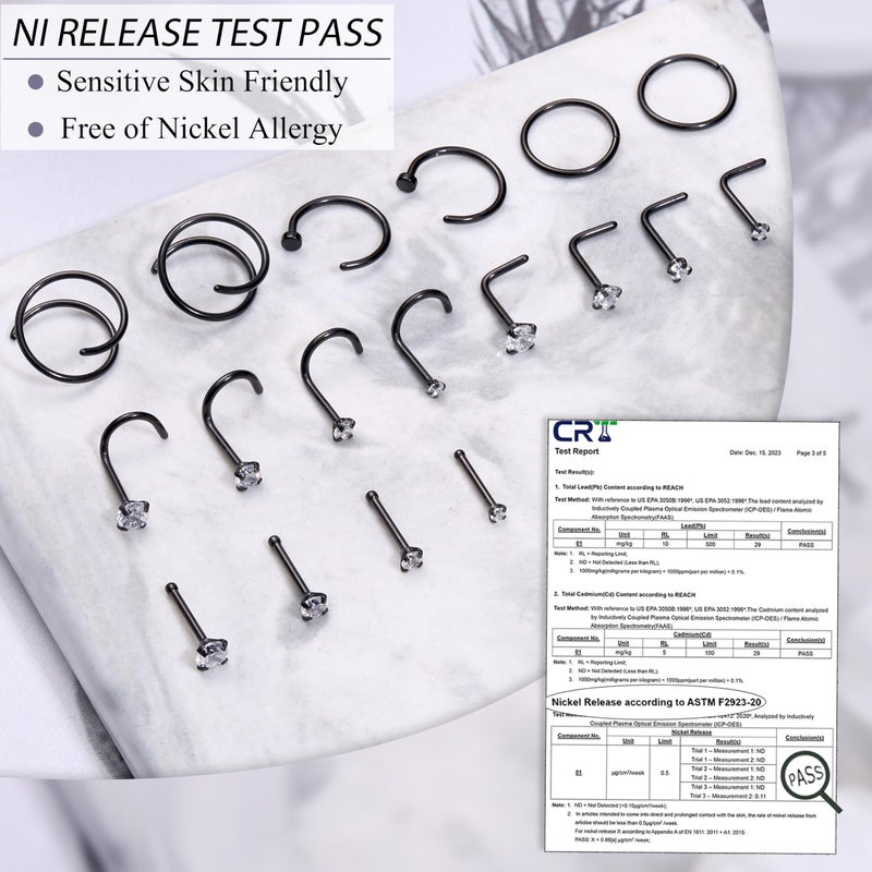 LOYALLOOK 18Pcs Nose Rings Studs - 316L Surgical Steel Black Nose Studs Double Hoop Nose Ring for Women Men 20G Black Nose Rings Stud Hypoallergenic Nose/Body Piercing Jewelry 1.5mm 2mm 2.5mm 3mm CZ - Image 5