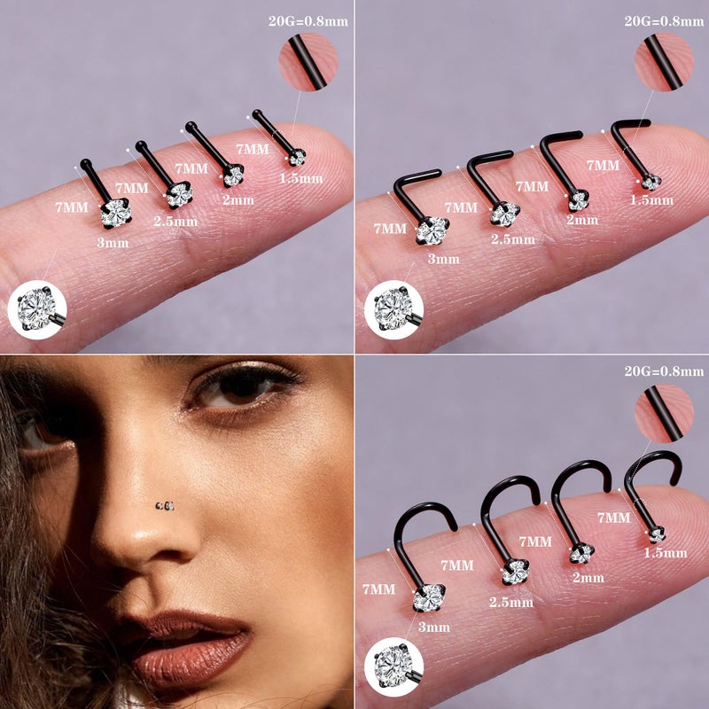 LOYALLOOK 18Pcs Nose Rings Studs - 316L Surgical Steel Black Nose Studs Double Hoop Nose Ring for Women Men 20G Black Nose Rings Stud Hypoallergenic Nose/Body Piercing Jewelry 1.5mm 2mm 2.5mm 3mm CZ - Image 3