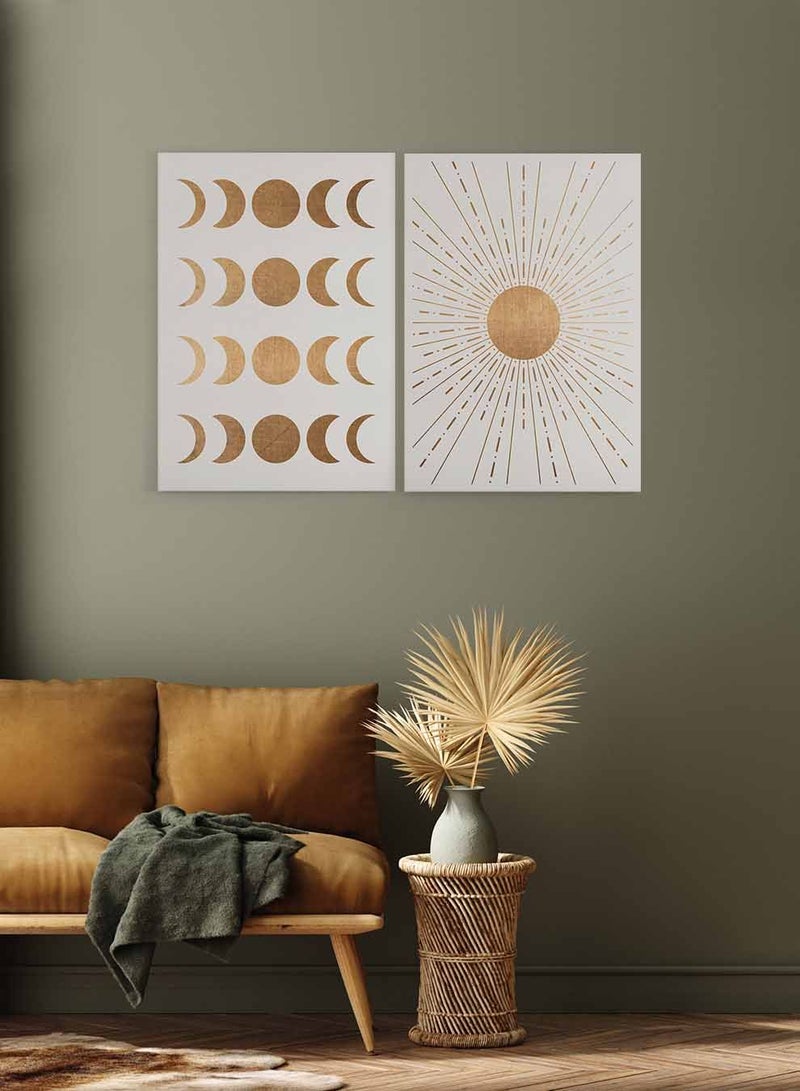 لوحة طقم من لوحتين كانفاس على إطار خشبي، تصميم فن تجريدي للقمر وآشعة الشمس، للمنزل، غرفة المعيشة، المكتب، الديكور - Image 2