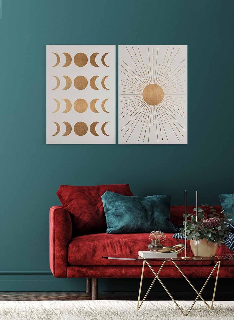 لوحة طقم من لوحتين كانفاس على إطار خشبي، تصميم فن تجريدي للقمر وآشعة الشمس، للمنزل، غرفة المعيشة، المكتب، الديكور - Image 3