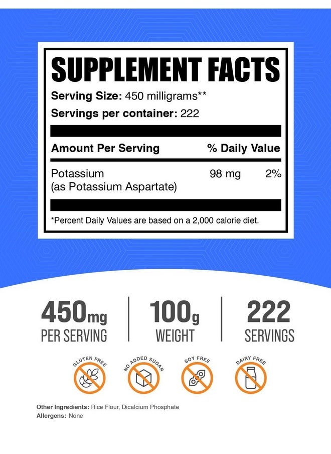 بالك سابلمنتس مسحوق أسبارتات البوتاسيوم من BulkSupplements.com - مكمل مسحوق البوتاسيوم، مكمل أسبارتات البوتاسيوم - خالٍ من الجلوتين، 450 مجم (98 مجم بوتاسيوم) لكل وجبة، 100 جم (3.5 أونصة) (عبوة من قطعة واحدة)  - Image 2