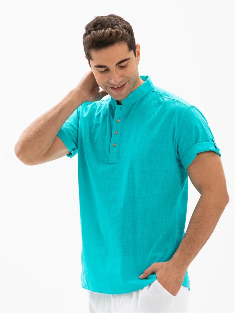 اليش شيل بيزي Kısa Kol Şile Bezi Bodrum Erkek T-shirt Turkuaz 3054