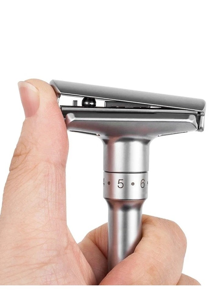 EELHOE - Adjustable Sharpness Double Edge Safety Razor Set Silver with 5 Blades - Image 1
