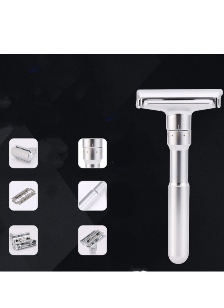 EELHOE - Adjustable Sharpness Double Edge Safety Razor Set Silver with 5 Blades - Image 1