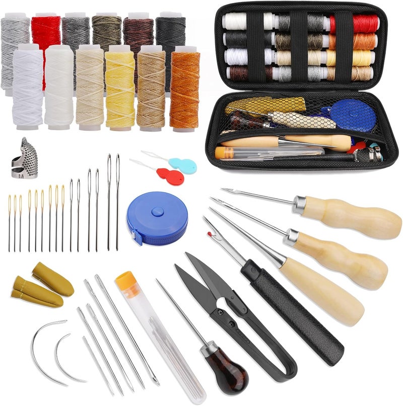 SUVSOON Leather Sewing Kit, Upholstery Repair Kit with Heavy Duty Waxed Thread Sewing Needles Awls Thimble for Shoes Sofa Carpet Repair and Sewing Leather Working Tools and Supplies - Image 1