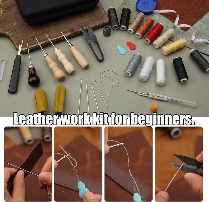 SUVSOON Leather Sewing Kit, Upholstery Repair Kit with Heavy Duty Waxed Thread Sewing Needles Awls Thimble for Shoes Sofa Carpet Repair and Sewing Leather Working Tools and Supplies - Image 5