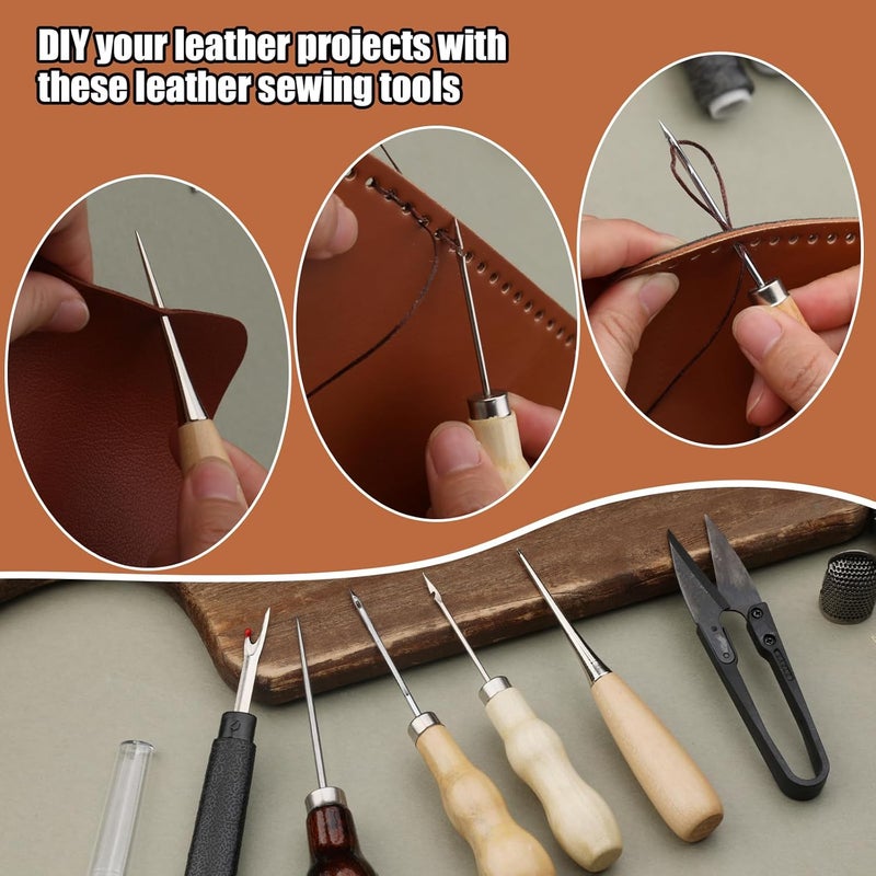 SUVSOON Leather Sewing Kit, Upholstery Repair Kit with Heavy Duty Waxed Thread Sewing Needles Awls Thimble for Shoes Sofa Carpet Repair and Sewing Leather Working Tools and Supplies - Image 4