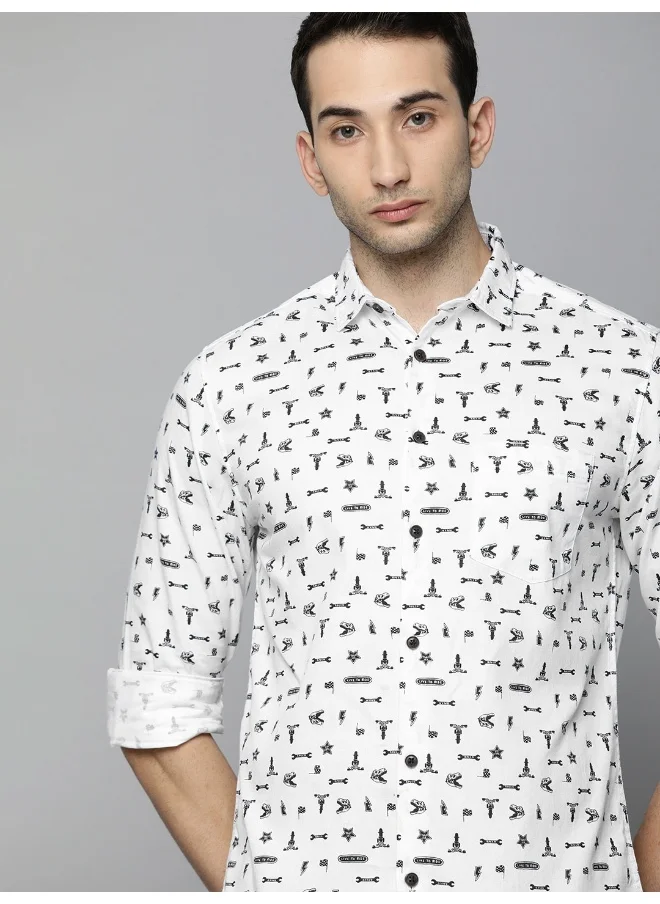 The Indian Garage Co White Slim Fit Casual Printed Shirt