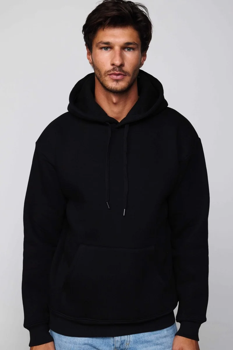 Tudors Oversize Wide Cut Cotton Soft Textured Polar Fleece Basic Black Hooded Sweatshirt