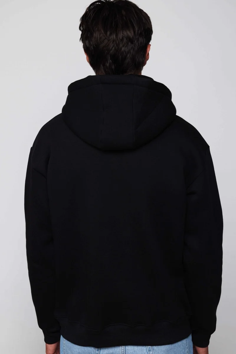 Tudors Oversize Wide Cut Cotton Soft Textured Polar Fleece Basic Black Hooded Sweatshirt