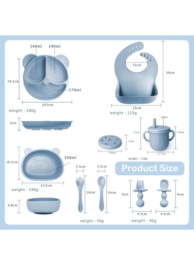 9 Baby Cutlery Set, Non-Slip Baby Cutlery Set Silicone with Suction Cup Plate Bowl Fork Spoon Bib and Cup, Kids Plate Set, BPA Free (Blue) - Image 2