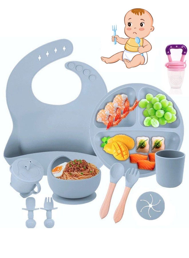 9 Baby Cutlery Set, Non-Slip Baby Cutlery Set Silicone with Suction Cup Plate Bowl Fork Spoon Bib and Cup, Kids Plate Set, BPA Free (Blue) - Image 1