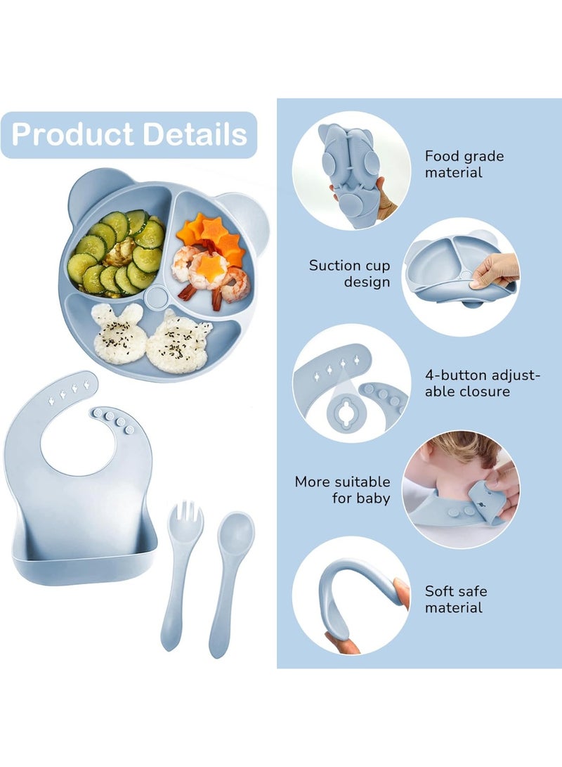 9 Baby Cutlery Set, Non-Slip Baby Cutlery Set Silicone with Suction Cup Plate Bowl Fork Spoon Bib and Cup, Kids Plate Set, BPA Free (Blue) - Image 5