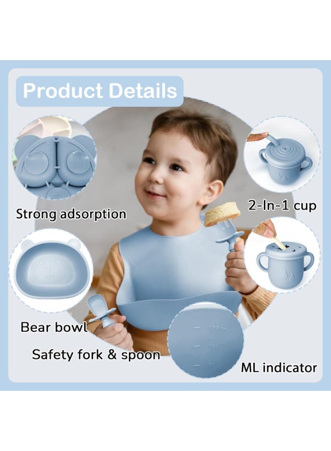 9 Baby Cutlery Set, Non-Slip Baby Cutlery Set Silicone with Suction Cup Plate Bowl Fork Spoon Bib and Cup, Kids Plate Set, BPA Free (Blue) - Image 3