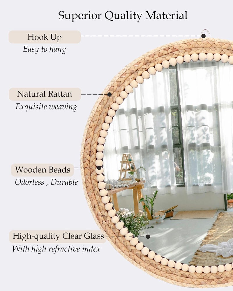 Sunmig Boho Round Hanging Rattan Circle Nursery Mirror, Decorative Wall Decor for Farmhouse Bathroom Bedroom Living Room, Kids Girls Room, Foyer Home Wall Decor (15 inch) - Image 5