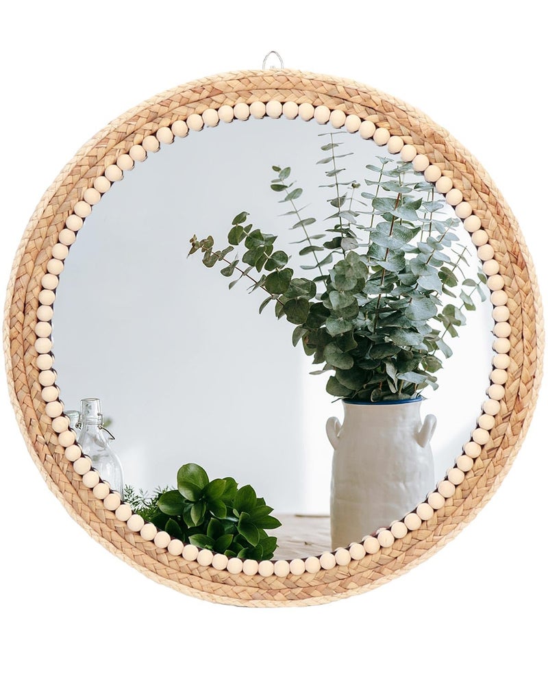 Sunmig Boho Round Hanging Rattan Circle Nursery Mirror, Decorative Wall Decor for Farmhouse Bathroom Bedroom Living Room, Kids Girls Room, Foyer Home Wall Decor (15 inch) - Image 1