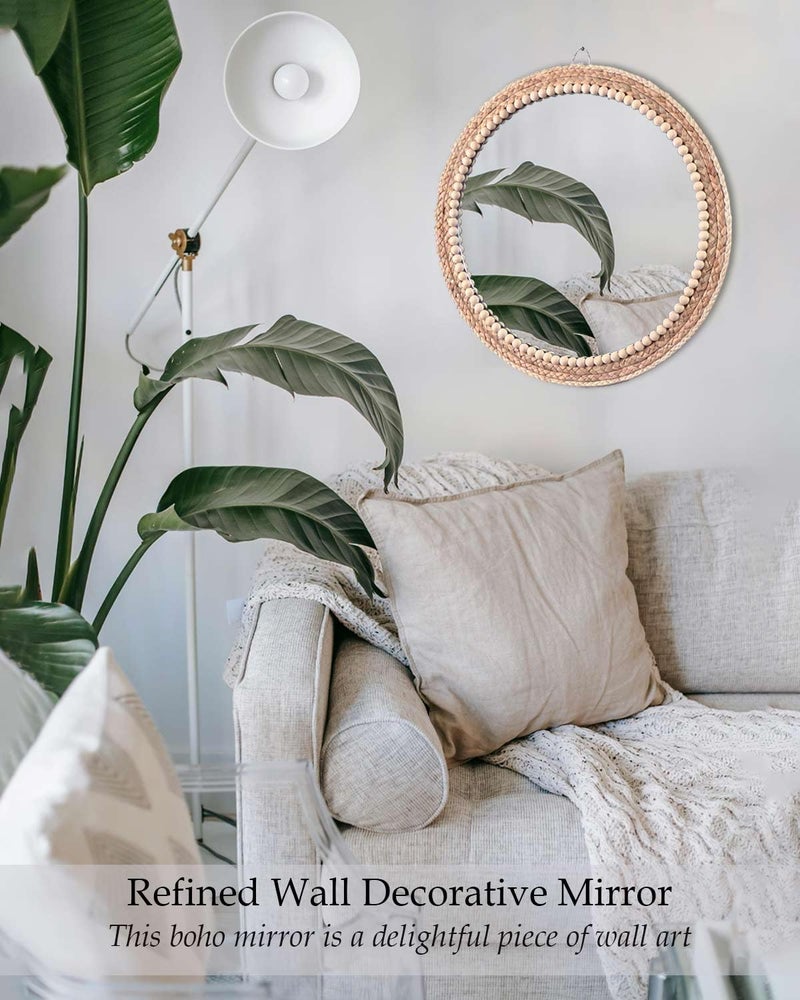 Sunmig Boho Round Hanging Rattan Circle Nursery Mirror, Decorative Wall Decor for Farmhouse Bathroom Bedroom Living Room, Kids Girls Room, Foyer Home Wall Decor (15 inch) - Image 4