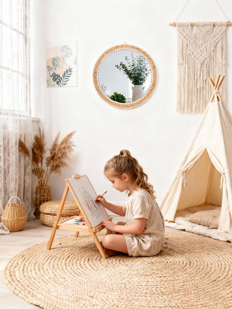 Sunmig Boho Round Hanging Rattan Circle Nursery Mirror, Decorative Wall Decor for Farmhouse Bathroom Bedroom Living Room, Kids Girls Room, Foyer Home Wall Decor (15 inch) - Image 3