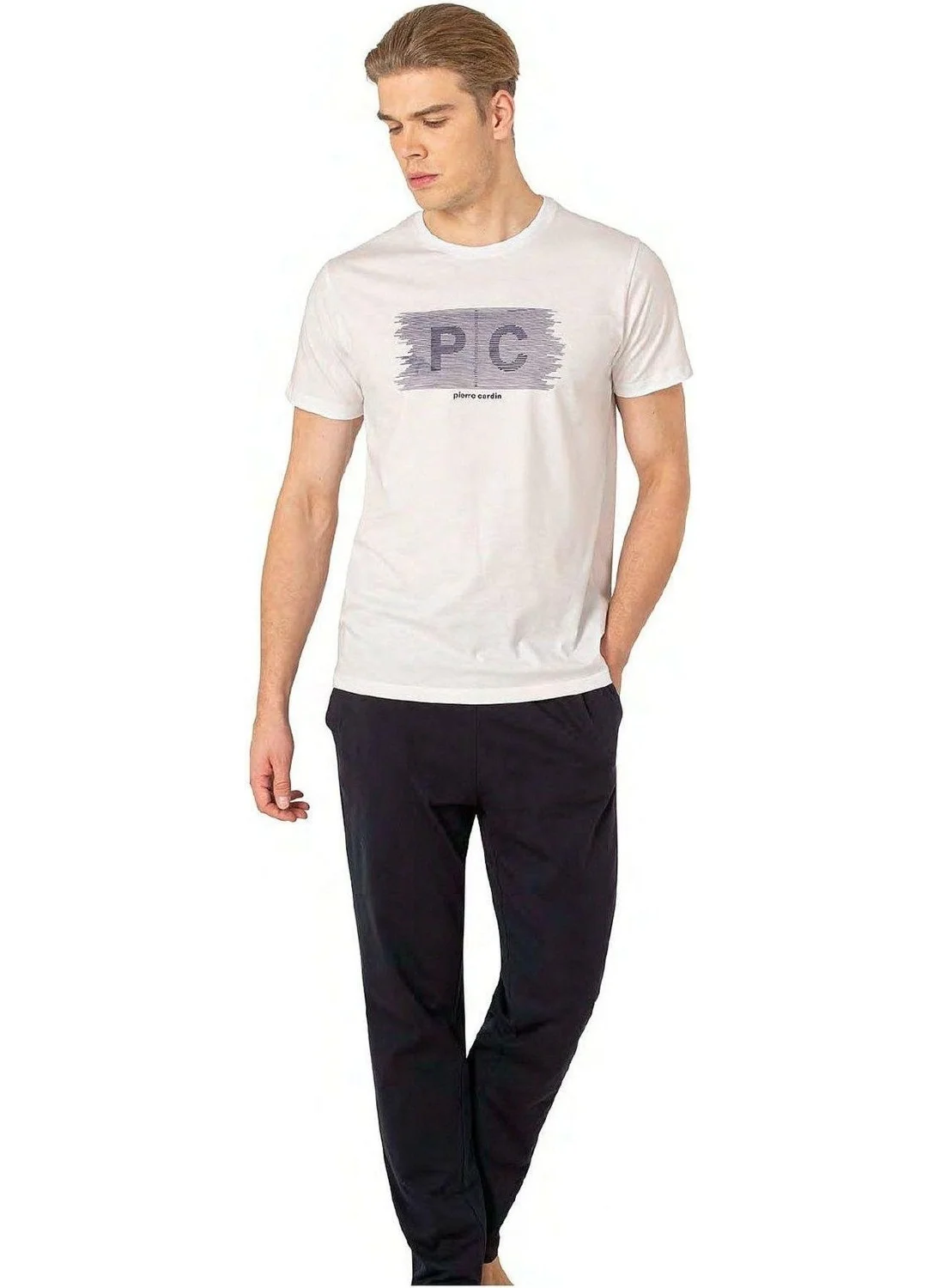 بيير كاردان 6084 Men's Short Sleeve Crew Neck Pajama Set-White