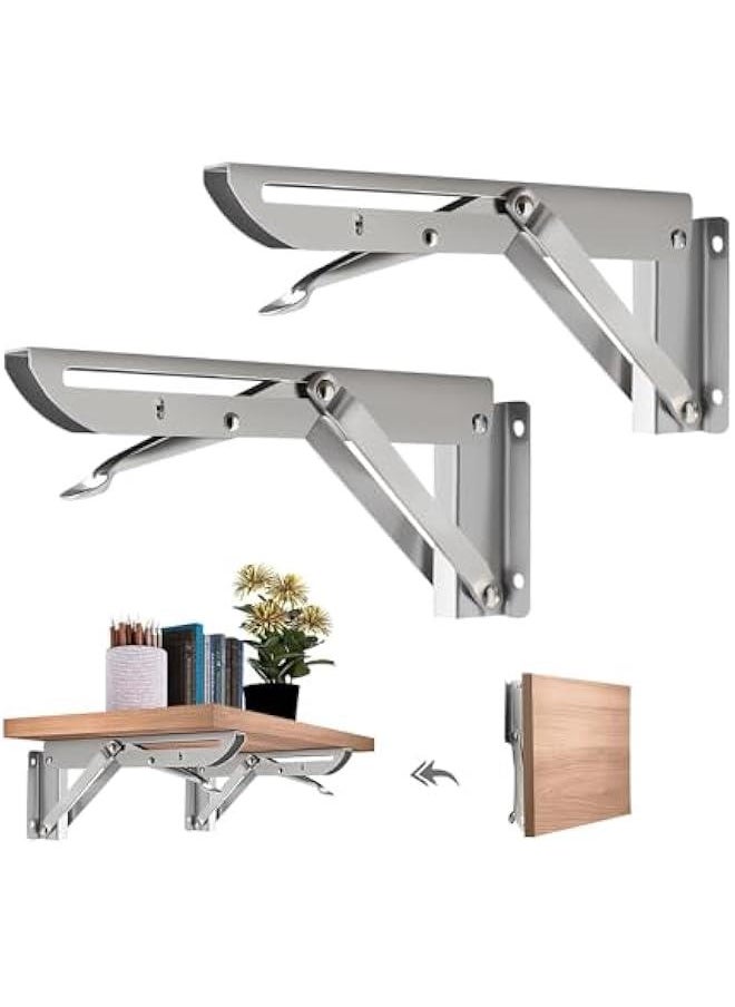 HOOKOR Folding Stainless Steel Shelf Brackets for Shelf and Table Work Bench，Sliver Shelf Bracket,13.38,2Piece（17-04）  - Image 1