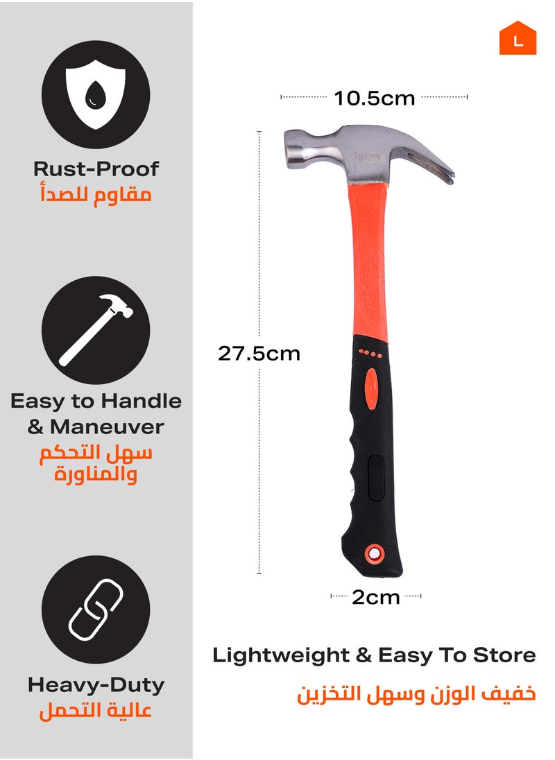 LAWAZIM Hammer with Plastic Black and Orange Handle - 250g - Claw Hammer with Durable Carbon Steel Head & Non-Slip Ergonomic Grip - Ideal for Home Repairs, Carpentry, Construction, and DIY Projects  - Image 2