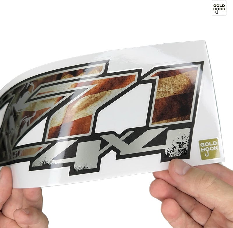 GOLD HOOK شرائط ورقية لتزيين سيارة شيفروليه سيلفيرادو Z71 4x4 بتصميم “الخط الذهبي” (أبعاد: 12.5 إنش × 4 إنش) - موديل F (2007-2013)، جانب السرير (موديلات 1500 و2500 HD)، مجموعة من 2 قطعة (ملمس لامع بتصميم العلم، سلسلة الفخامة) - Image 4