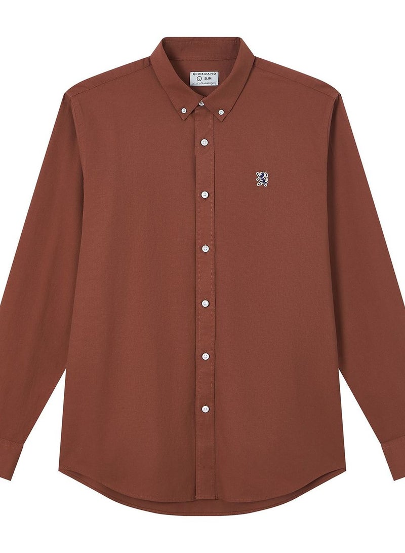 GIORDANO قميص أكسفورد ضيق من القطن للرجال مع تطريز - Image 1