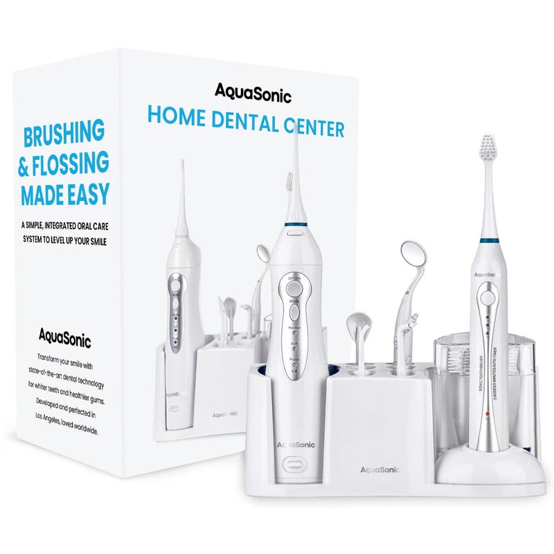 AquaSonic Home Dental Center Rechargeable Power Toothbrush Smart Water Flosser Complete Family Oral Care System 10 Attachments and Tips Included Various Modes Timers White