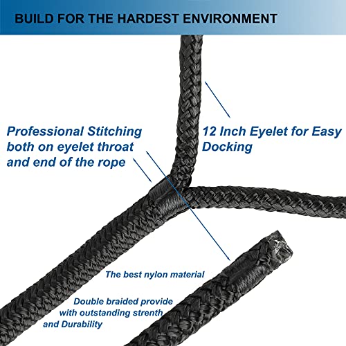 MARINE SYSTEM Double Braided Nylon Dock Lines Rope，3/8 Inch x 15 FT Dock Line with 12 Inch Eyelet for Mooring Boats, Black (4 Pack) - Image 2