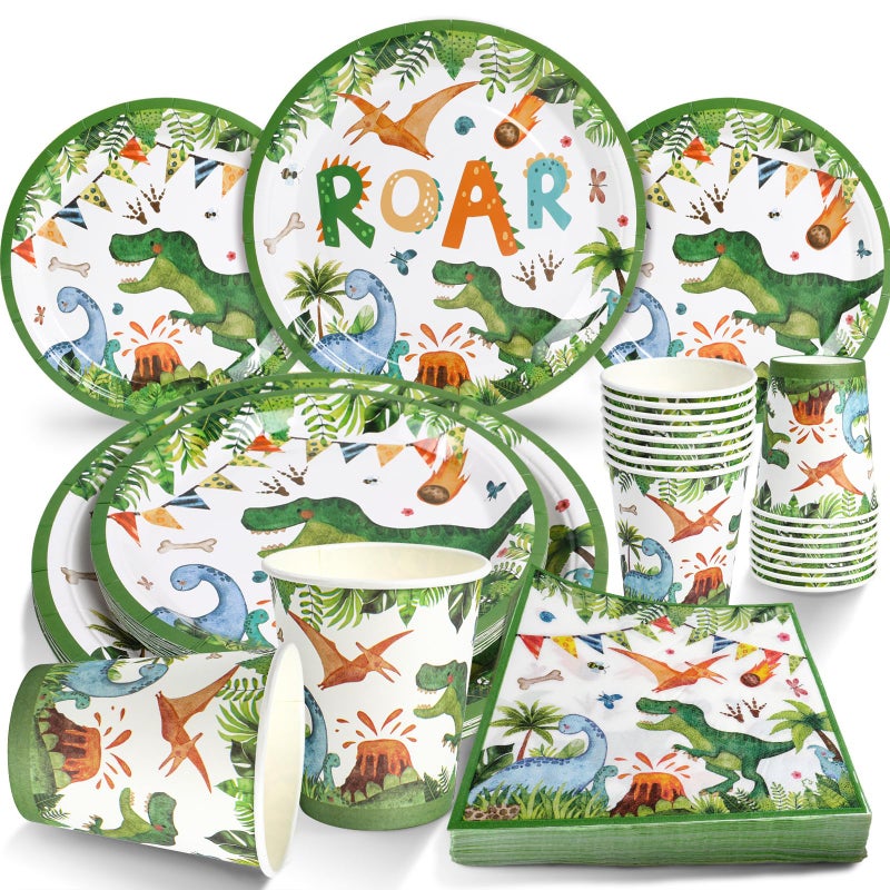 QIFU 96Pcs Dinosaur Birthday Party Supplies 24 Guest Dino Plates Cups and Napkins For Boys Kids three rex Birthday decorations Baby Shower - Image 2