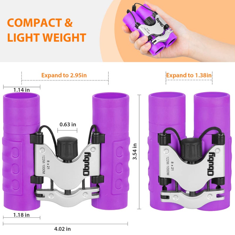 OBUBY Real Binoculars for Kids Gifts for 3-12 Years Boys Girls 8x21 High-Resolution Optics Mini Compact Binocular Toys Shockproof Folding Small Telescope for Bird Watching,Travel, Camping, Purple - Image 3