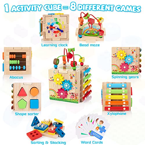 Bravmate Wooden Activity Cube, 8-in-1 Wooden Montessori Learning Toys for 18 M+ Toddlers, One Year Old First Birthday Gift, Baby Toy Set with Bonus Sorting & Stacking Board - Image 2